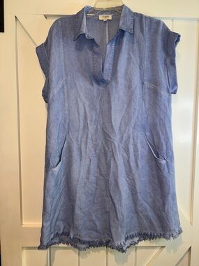 Umgee Light Blue Short-Sleeve Tunic with Fringe Hem